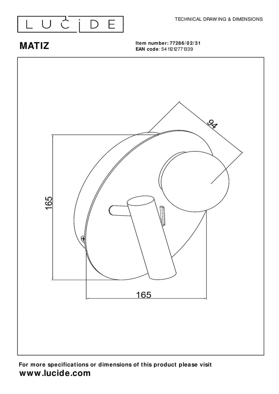 Schéma technique coté du luminaire avec dimensions 165 mm par 94 mm