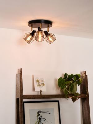 Plafonnier trois spots installé au plafond dans un intérieur avec étagère en bois et plante verte