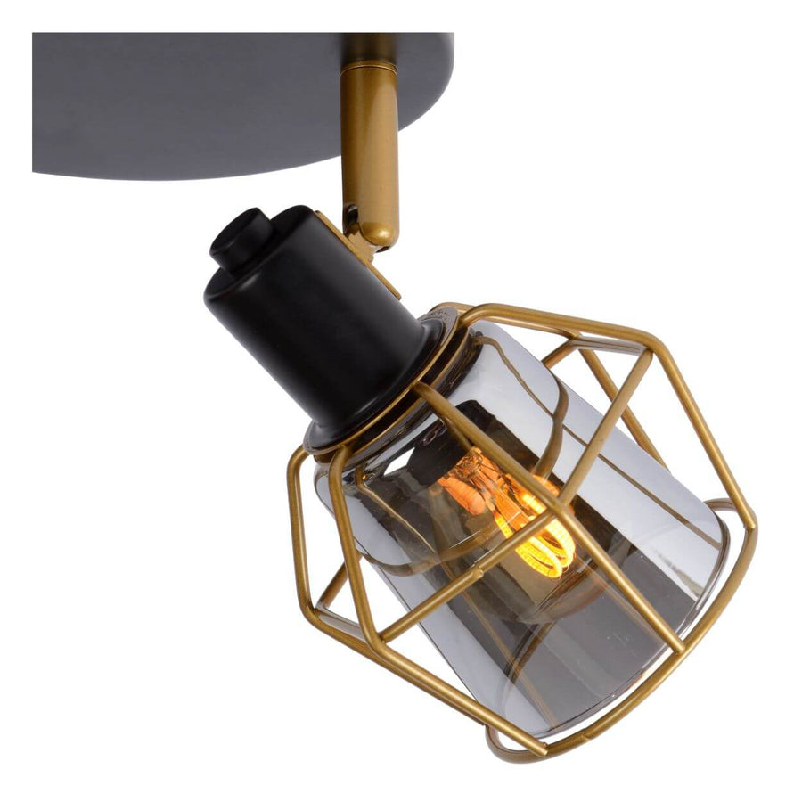 Détail rapproché d'une cage dorée, douille noire et verre fumé avec ampoule filament