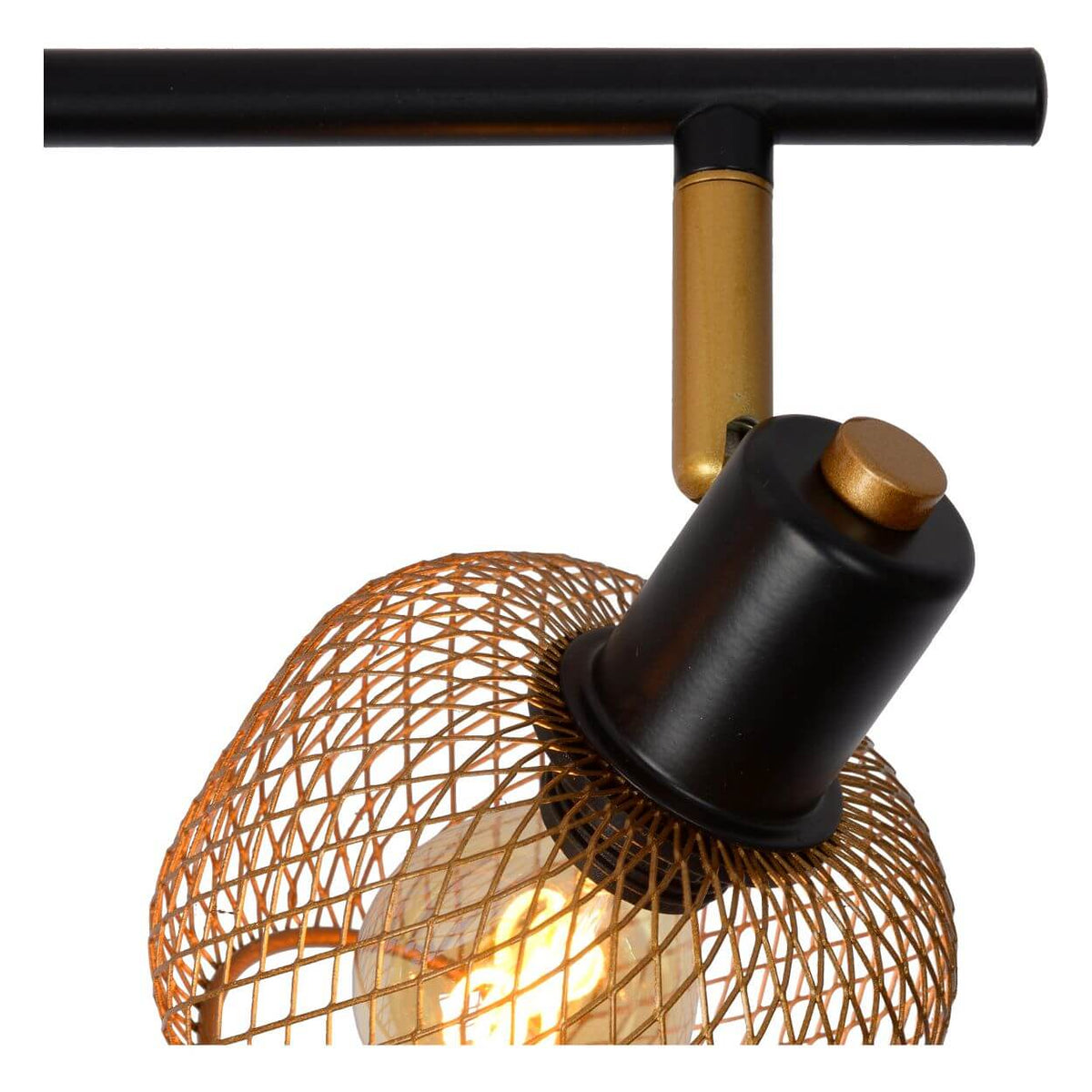 Détail d'un spot : cage métallique dorée, douille noire orientable et ampoule chaude