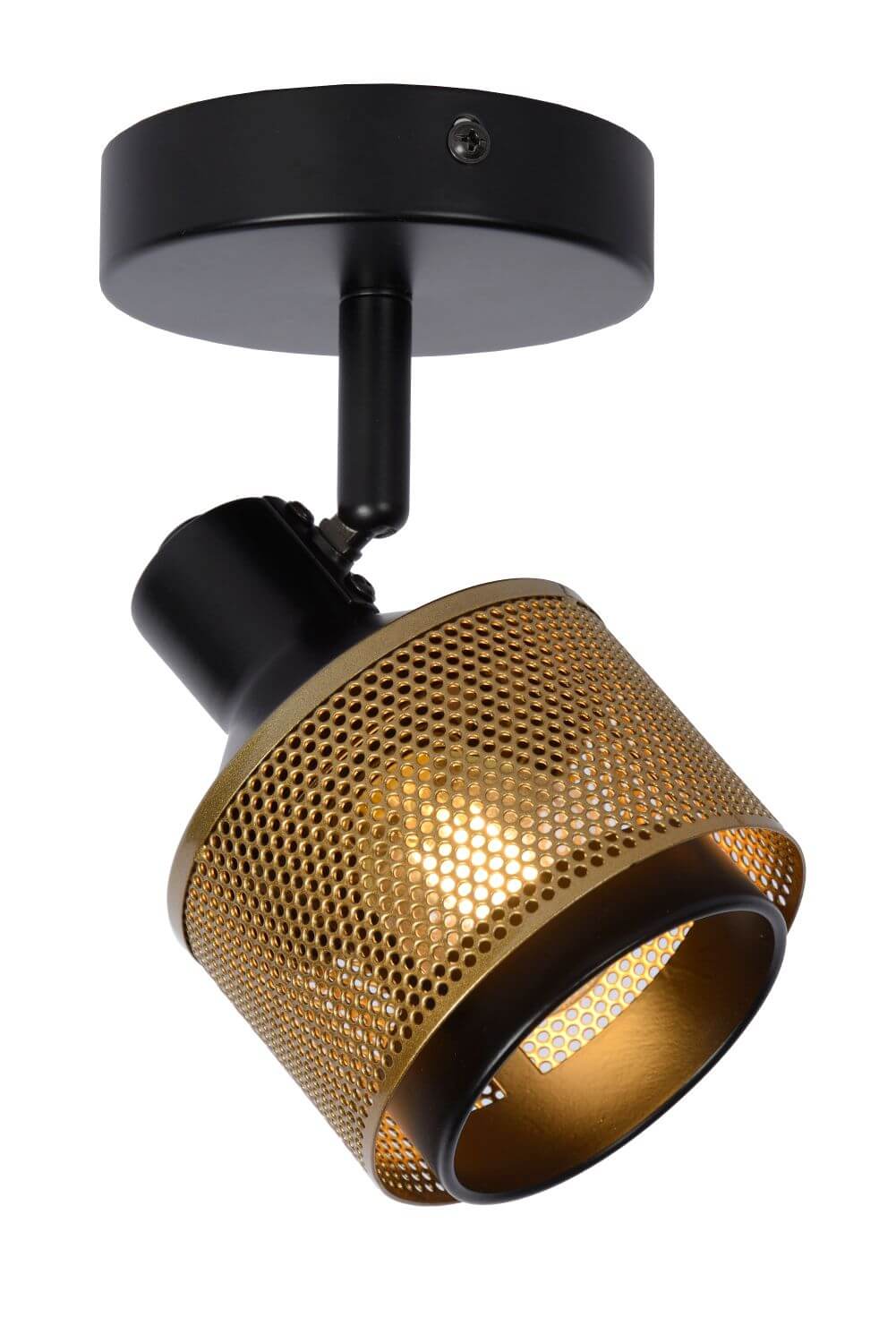 Produit sur fond blanc, tête orientable noire et abat-jour doré perforé.