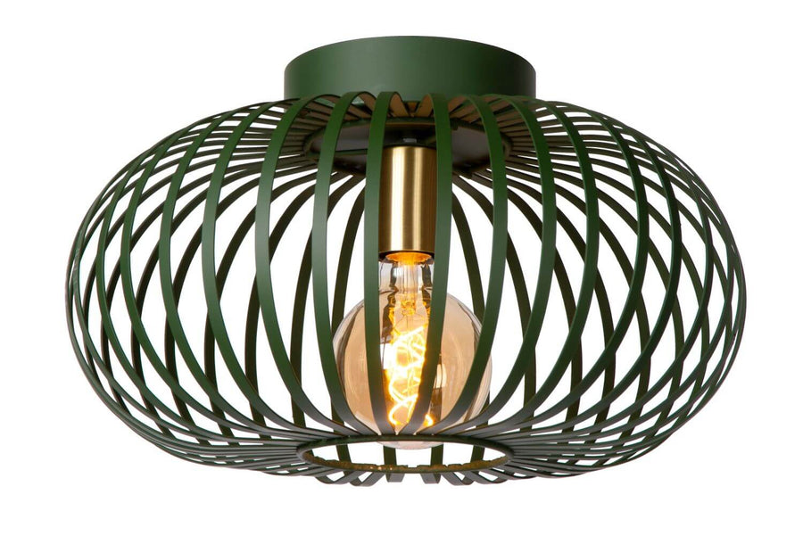 Vue du plafonnier vert sous un autre angle, montrant sa cage en métal.