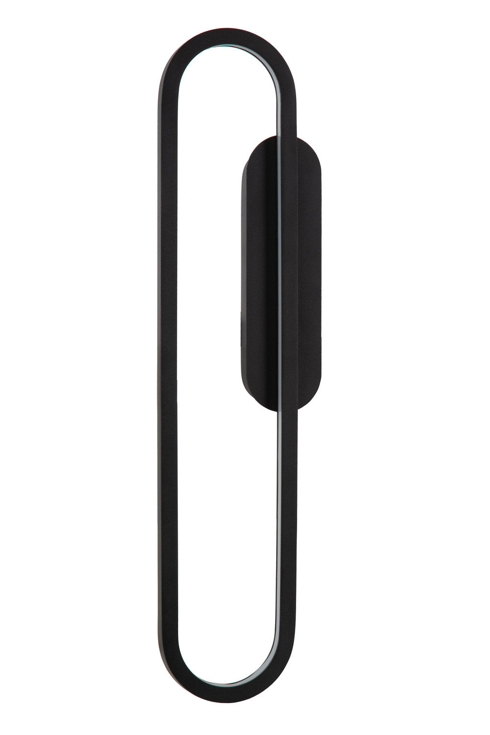 Vue de face sur fond blanc, luminaire éteint, contour ovale noir mat bien visible