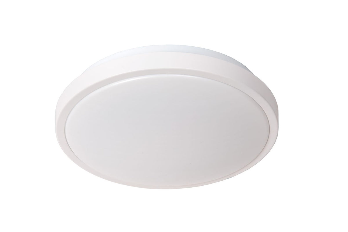 Plafonnier rond blanc éteint, diffuseur opalin et cerclage blanc