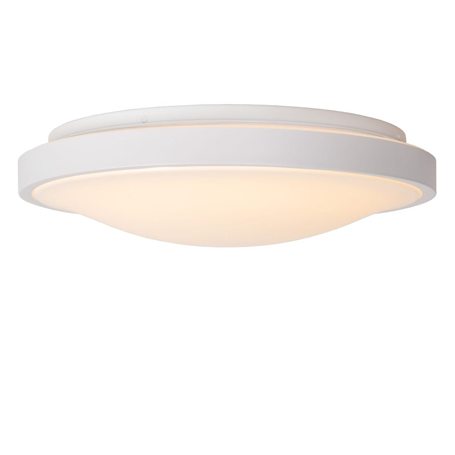 Vue de profil du plafonnier blanc montrant l'épaisseur et le bord.