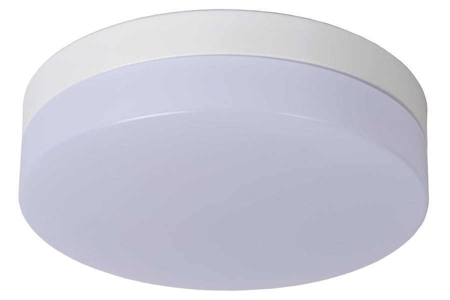 Plafonnier rond blanc éteint, diffuseur translucide et base cylindrique fine sur fond clair