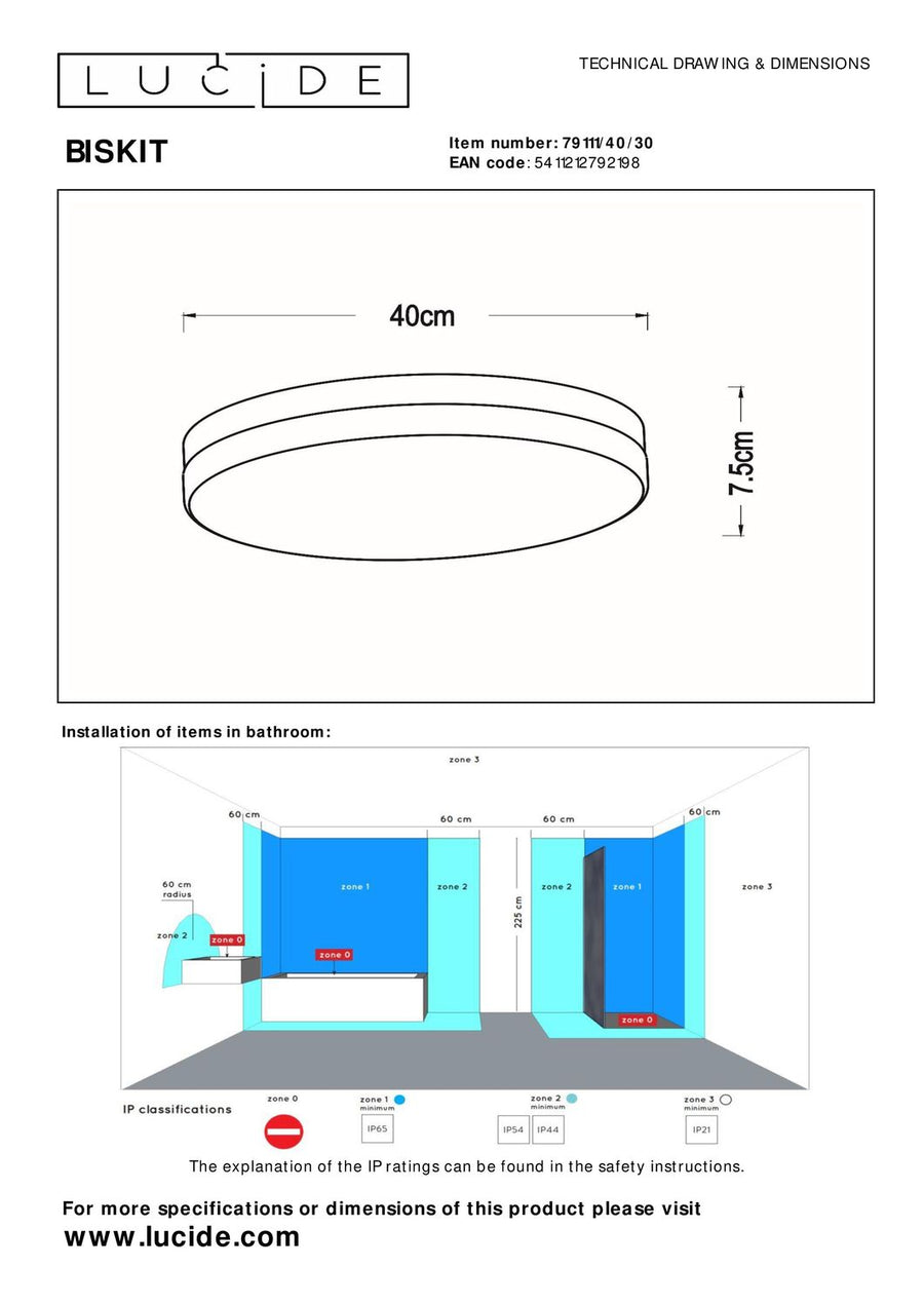 Schéma technique avec dimensions du plafonnier et zones de salle de bain