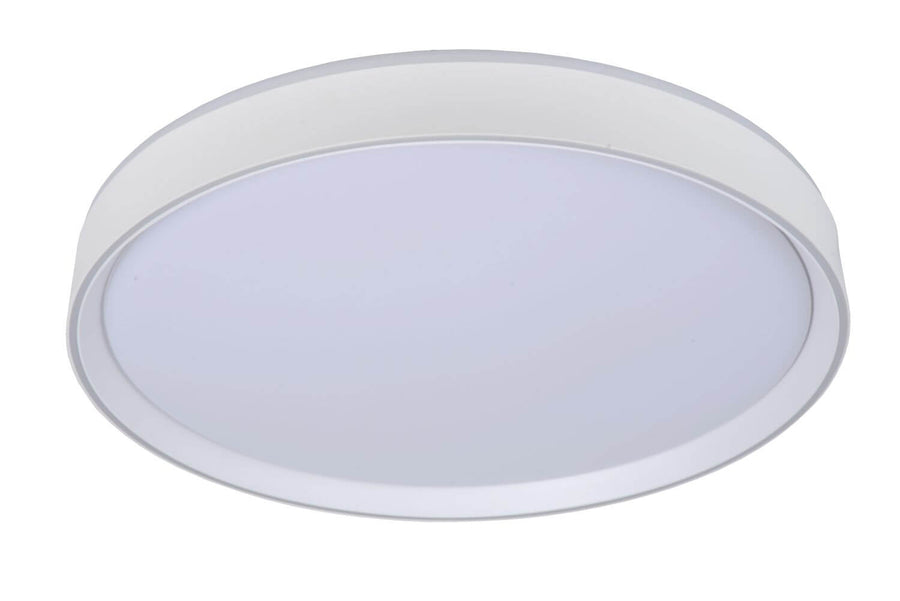 Plafonnier rond éteint sur fond blanc, diffuseur blanc et anneau gris clair