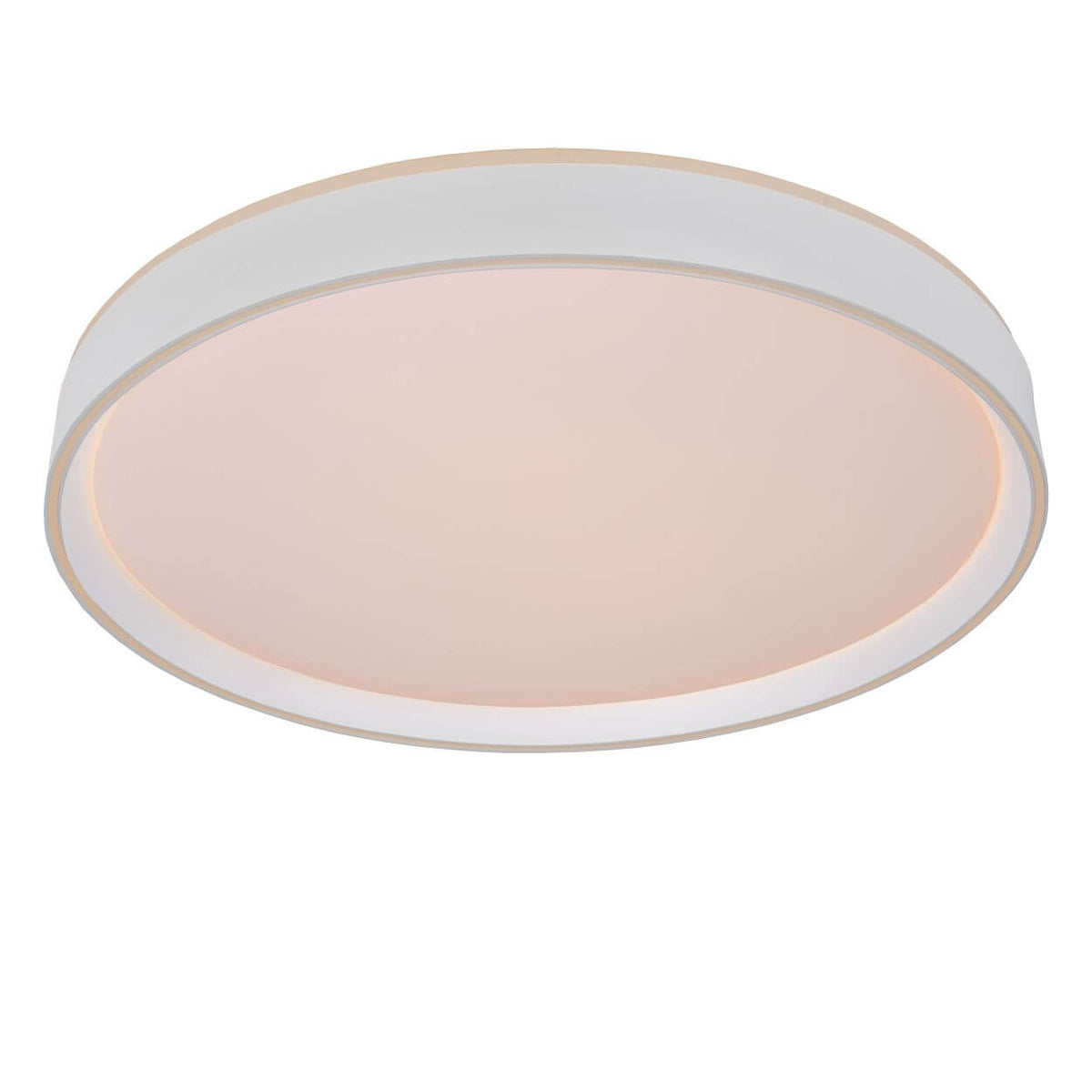 Produit seul sur fond blanc, plafonnier rond allumé, diffuseur opale rosé