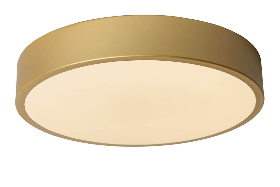 Plafonnier Unar doré mat et opale, Ø 30 cm
