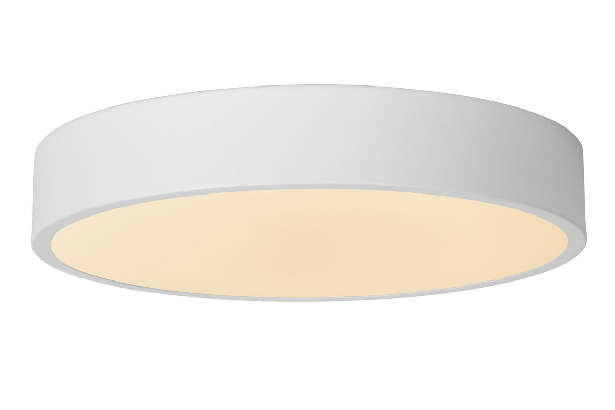 Vue de trois quarts du plafonnier blanc éteint avec diffuseur opale