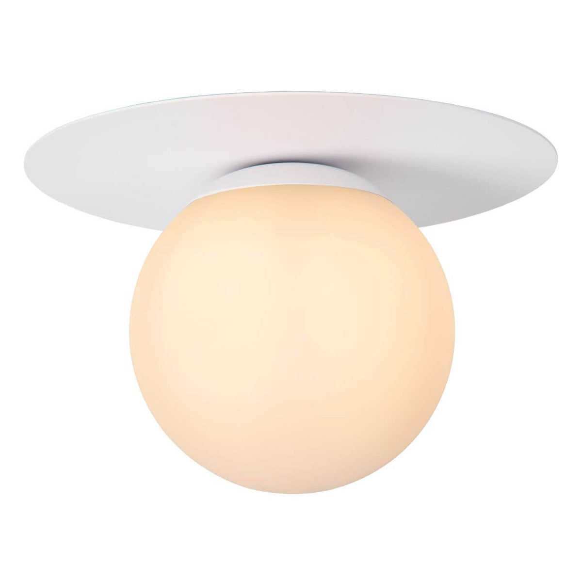 Plafonnier blanc de profil, montrant le globe sphérique fixé sous la base ronde.