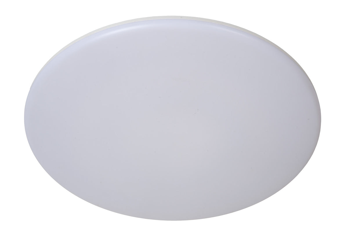 Plafonnier éteint, diffuseur opale blanc vu de face sur fond blanc