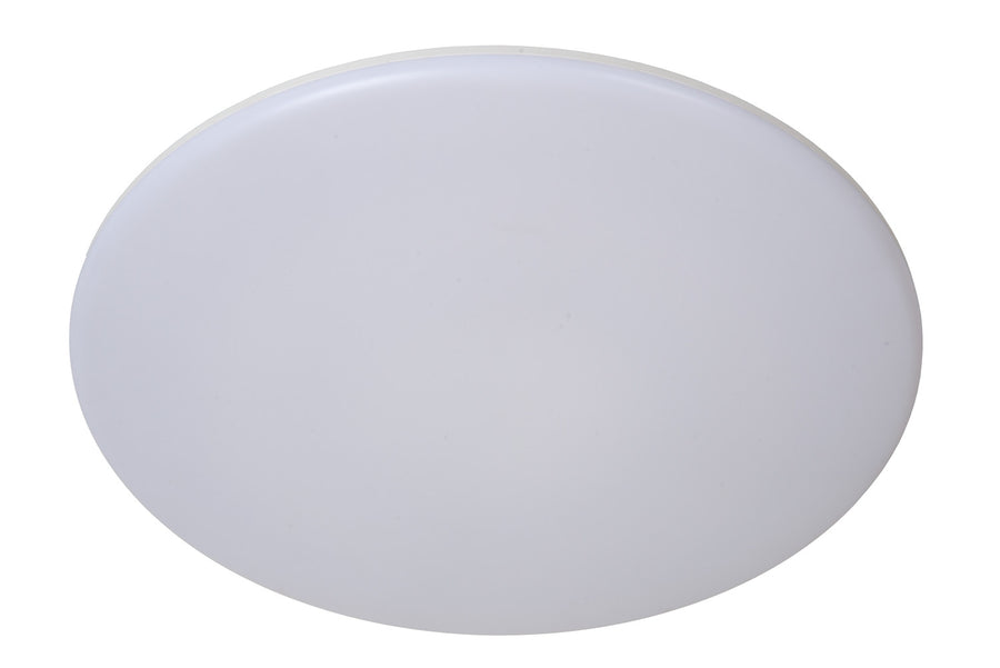 Plafonnier éteint, diffuseur opale blanc vu de face sur fond blanc