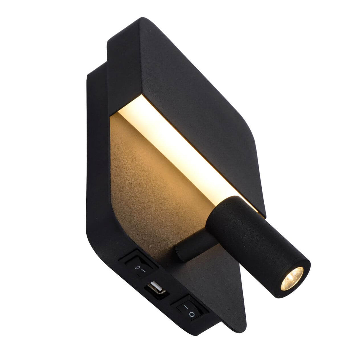 Vue plongeante révélant les interrupteurs et le port USB sous le boîtier