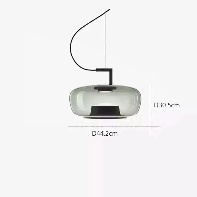 Schéma de dimensions d'une suspension en verre : hauteur 30,5 cm et diamètre 44,2 cm.