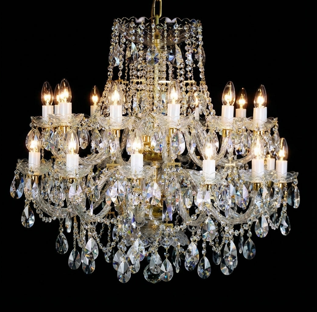Lustre en cristal illuminé sur fond noir, ampoules chaudes et jeux de lumière.