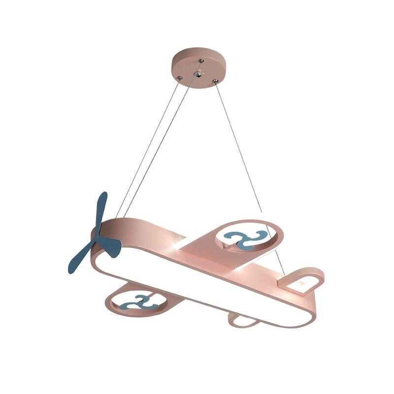 Photo produit sur fond blanc d'un avion rose doré suspendu, vu de trois quarts.