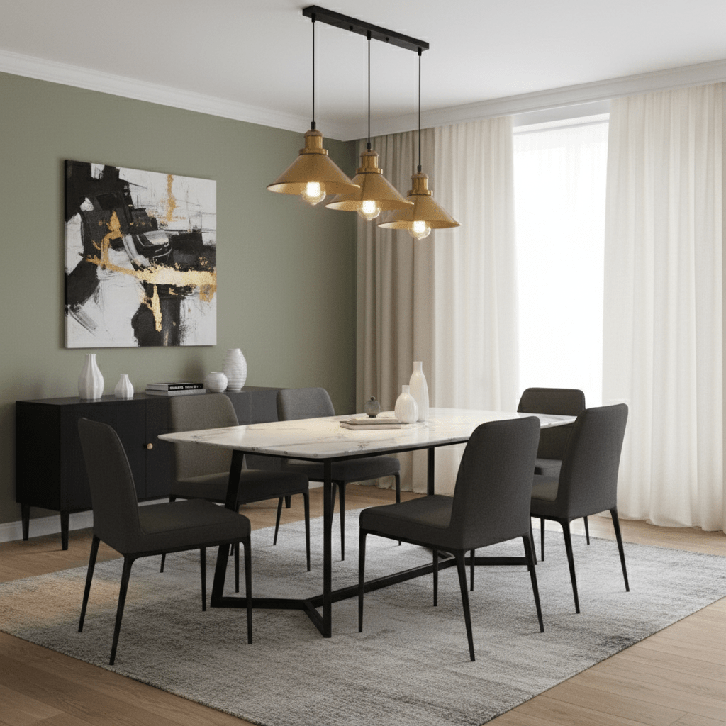Salle à manger avec suspension trois cônes dorés au-dessus de la table