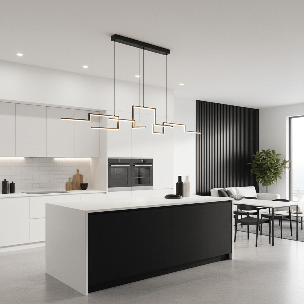 Vue d'ensemble du luminaire suspendu dans une cuisine blanche avec îlot central noir