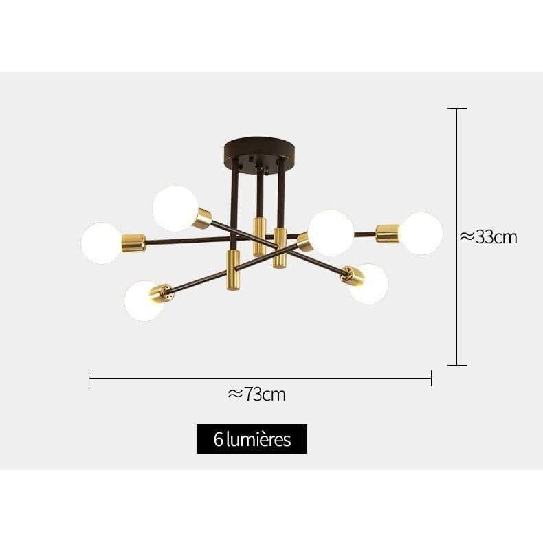 Schéma de dimensions d'un lustre six lumières, largeur 73 cm et hauteur 33 cm.