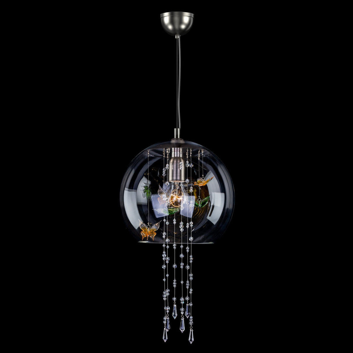 Vue complète du luminaire avec rosace plafond, câble et globe de verre