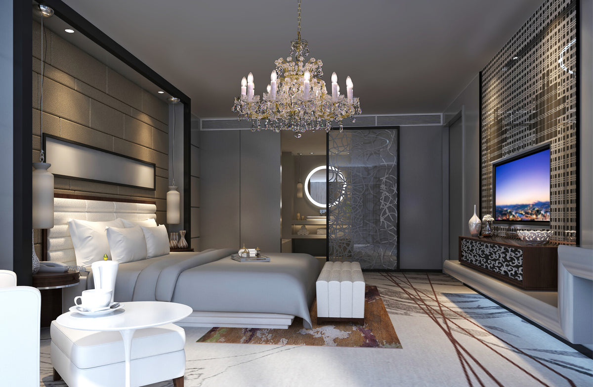 Mise en ambiance d'une chambre moderne grise avec le lustre suspendu au centre.