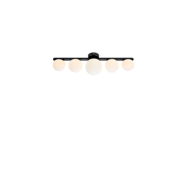 Plafonnier-applique de salle de bain Puro 5 lumières noir et verre opalin
