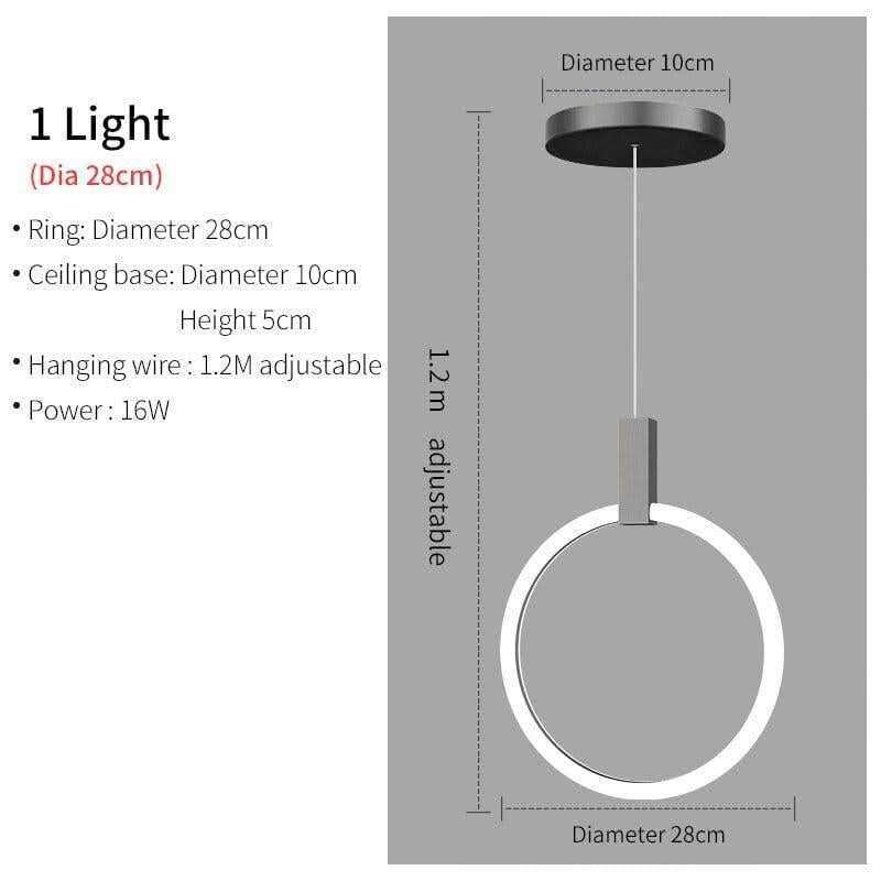 Fiche dimensions du modèle une lumière, anneau seul et câble réglable