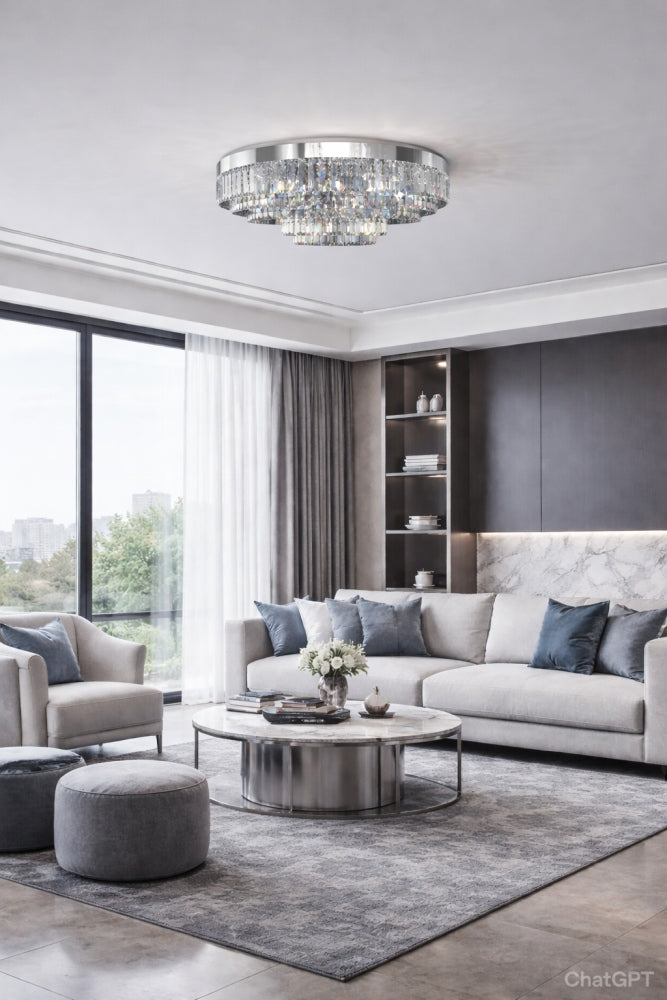 Mise en ambiance salon moderne : plafonnier argenté au-dessus d'un canapé gris