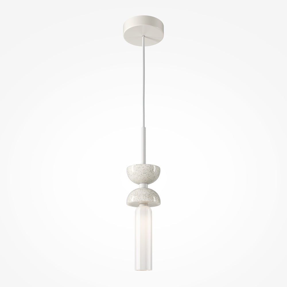 Version suspension : rosace au plafond, cordon, double abat-jour et cylindre en verre.