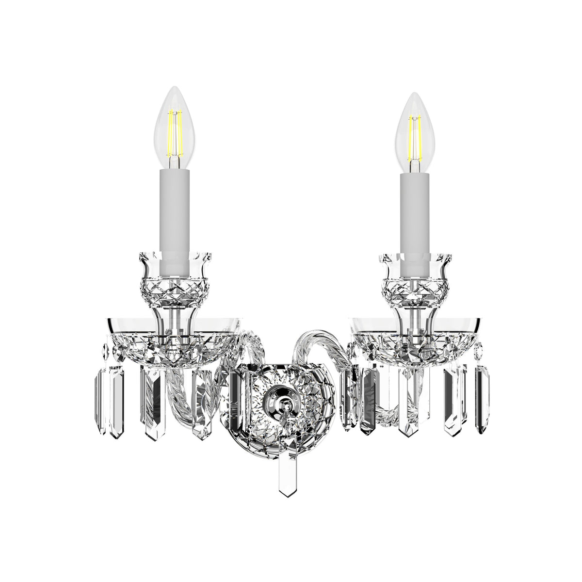 Vue de face sur fond blanc, détail des pendants en cristal taillé