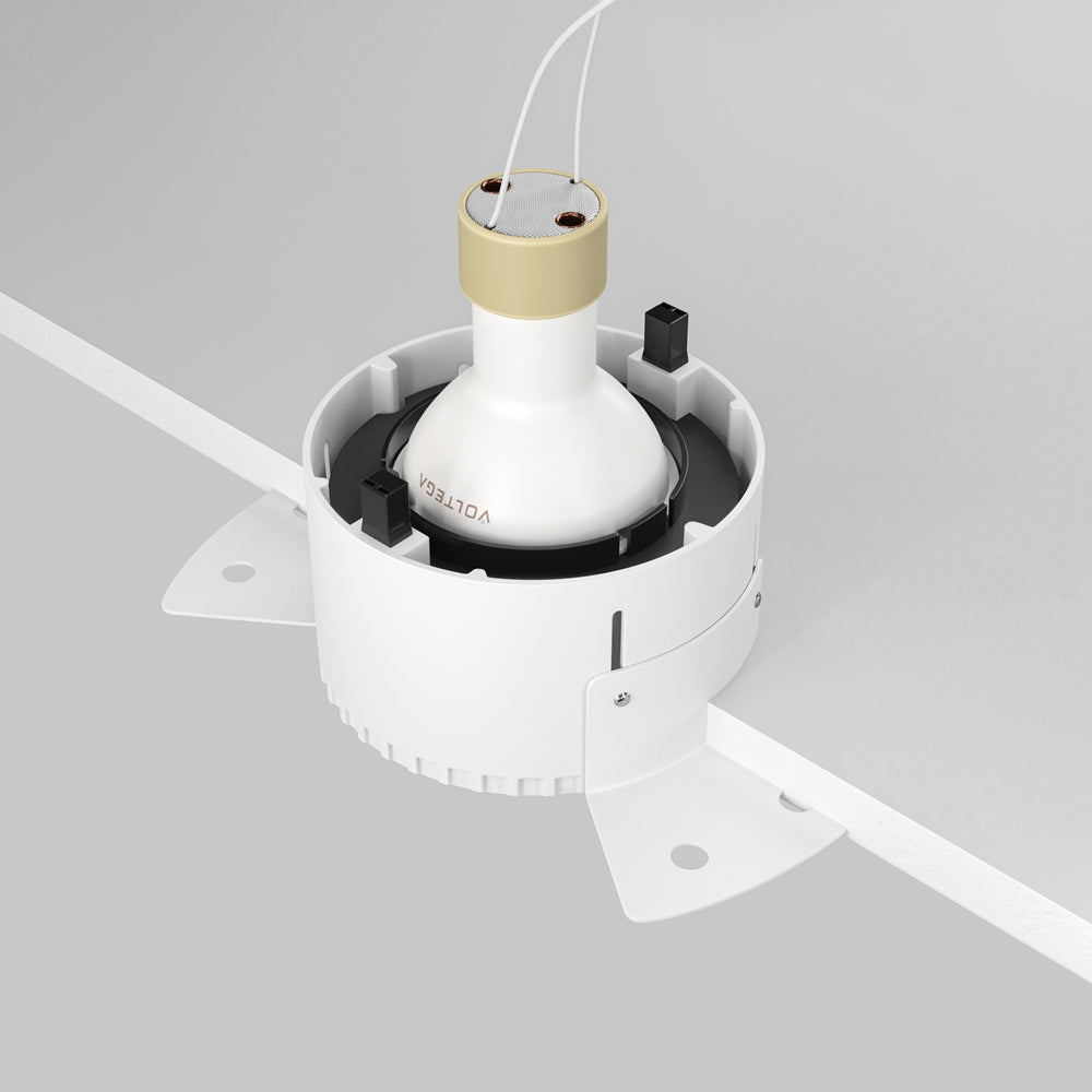 Vue arrière du module encastré montrant le boîtier blanc et les fixations de plafond.