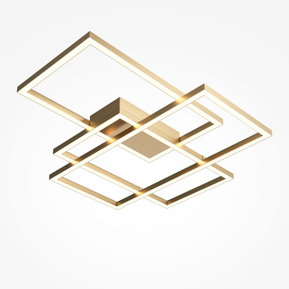Vue en perspective du luminaire, rectangles dorés croisés en motif géométrique