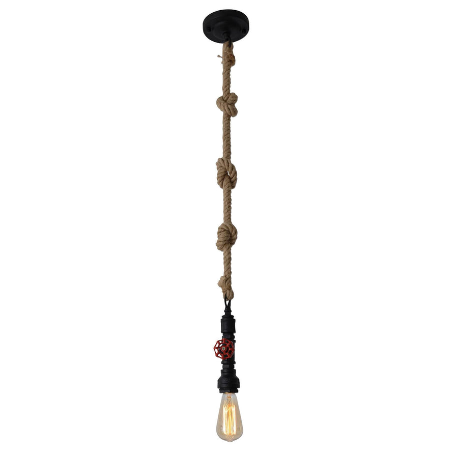 Suspension complète sur fond blanc, corde à nœuds, douille noire et vanne rouge.