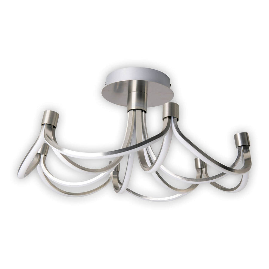Luminaire plafonnier nickel à cinq bras courbes, vue de trois quarts sur fond blanc.