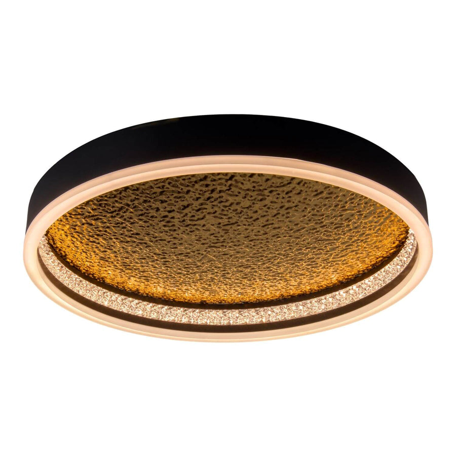 Plafonnier rond noir vu de face, verre doré texturé et anneau de cristaux