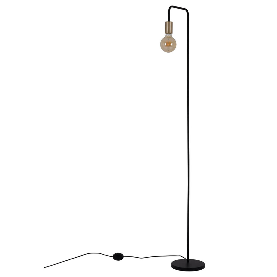 Lampadaire noir de face sur fond blanc, avec ampoule et variateur sur câble.