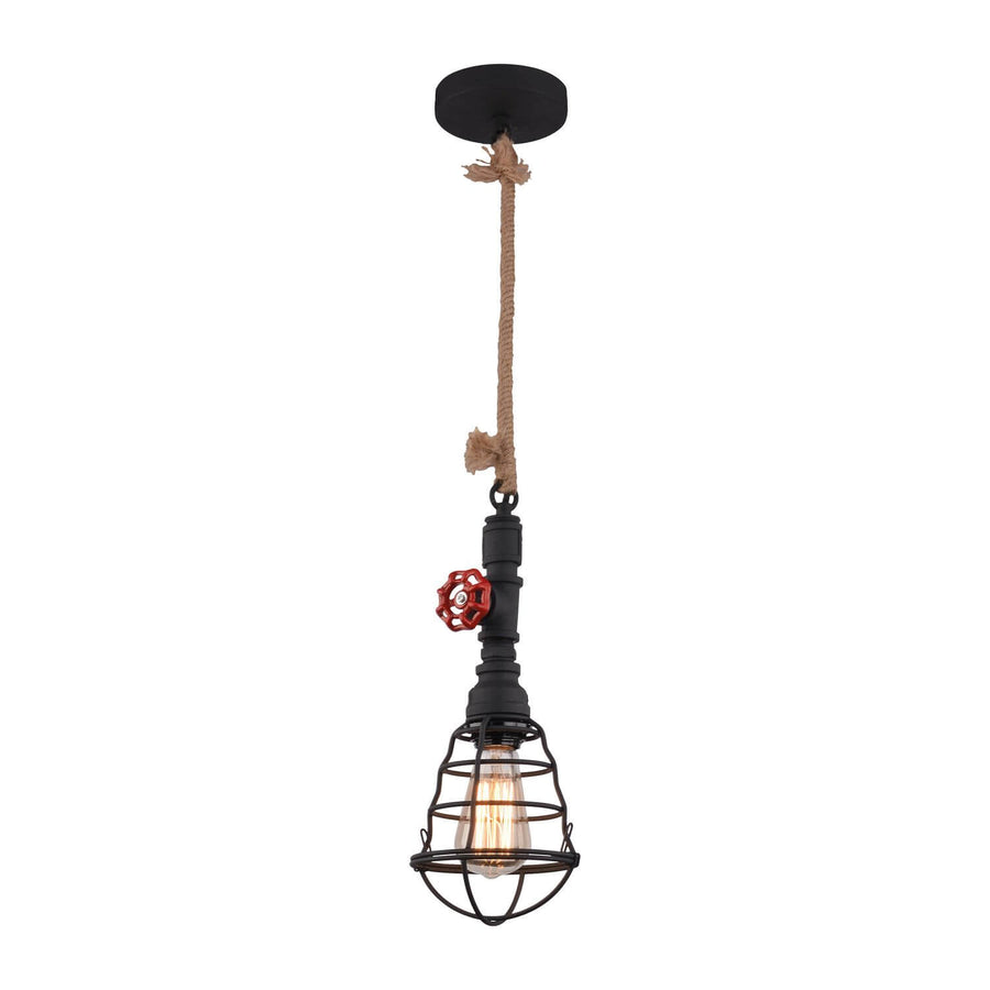 Suspension noire style industriel avec corde, cage métallique et ampoule allumée.