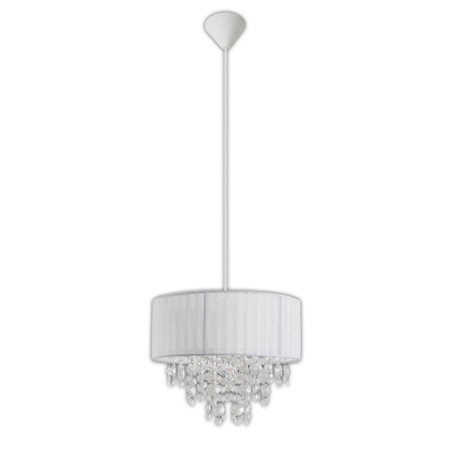 Suspension blanche de face, abat-jour tambour et pampilles de cristal sur fond blanc.