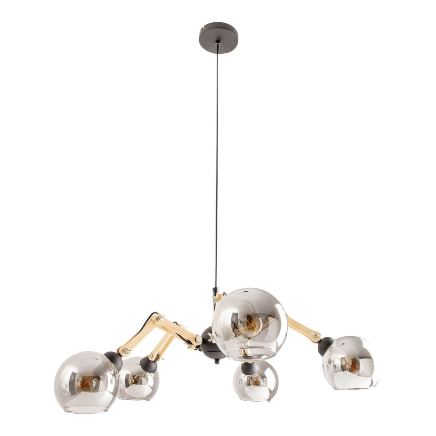 Vue produit sur fond blanc, cinq globes en verre fumé et bras bois