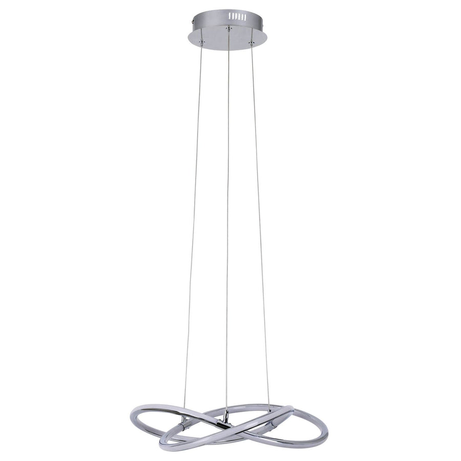 Suspension chromée vue de face, trois câbles fins et rosace ronde fixée au plafond