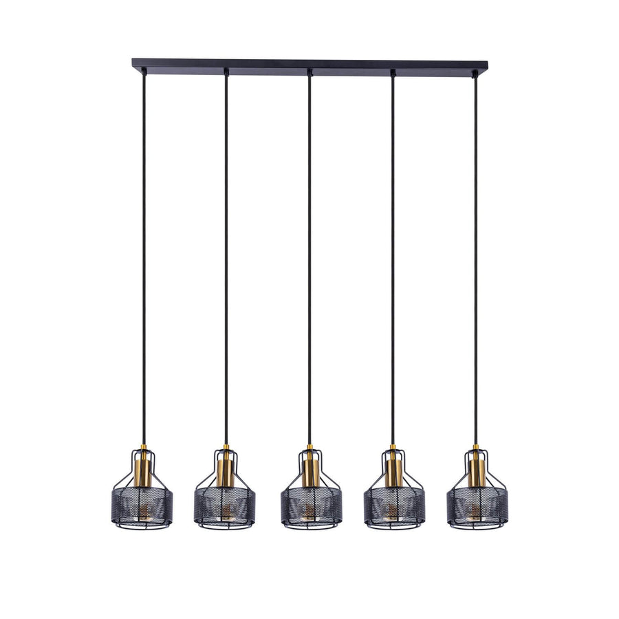 Suspension noire cinq abat-jours cylindriques en grillage, douilles dorées, fond blanc studio