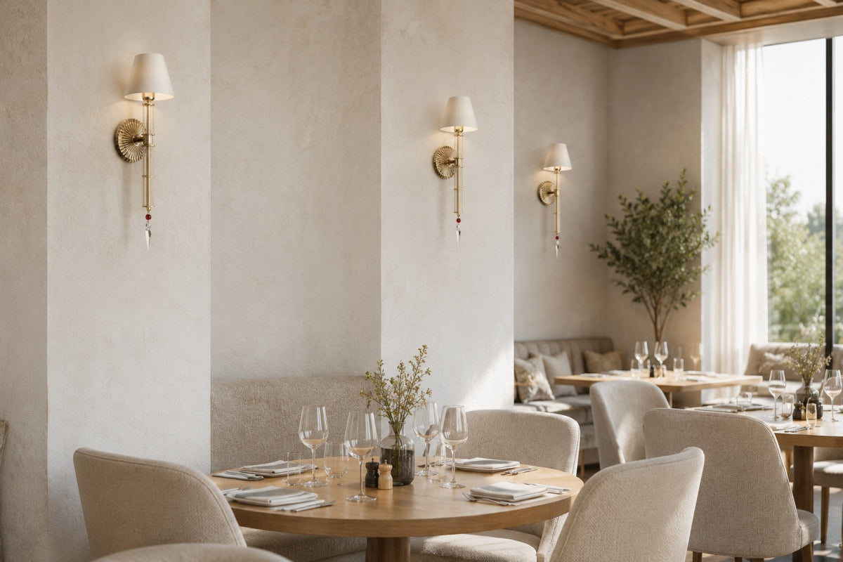 Trois appliques dorées allumées sur un mur crème, salle de restaurant claire