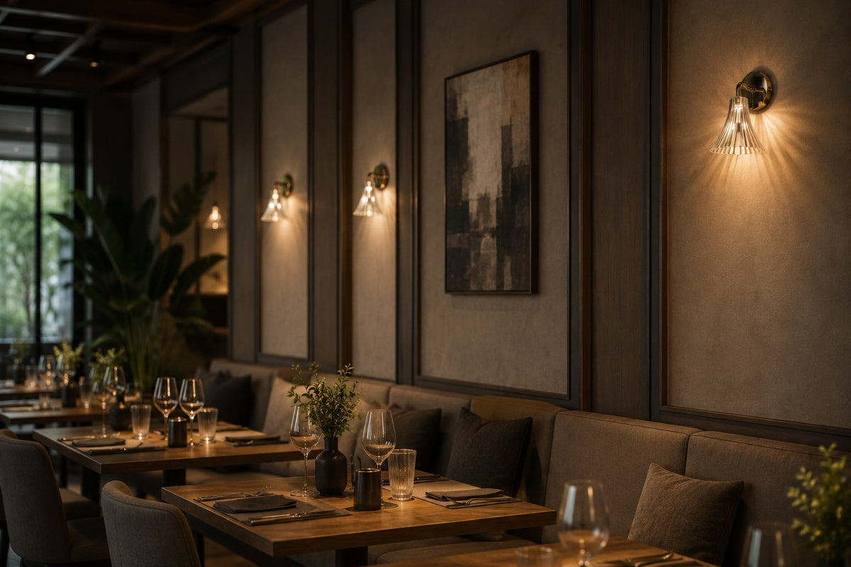 Ambiance de restaurant feutré, plusieurs appliques murales dorées éclairant un mur sombre.