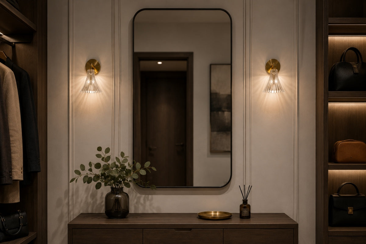 Dressing avec miroir et deux appliques dorées encadrant le reflet, lumière chaude.