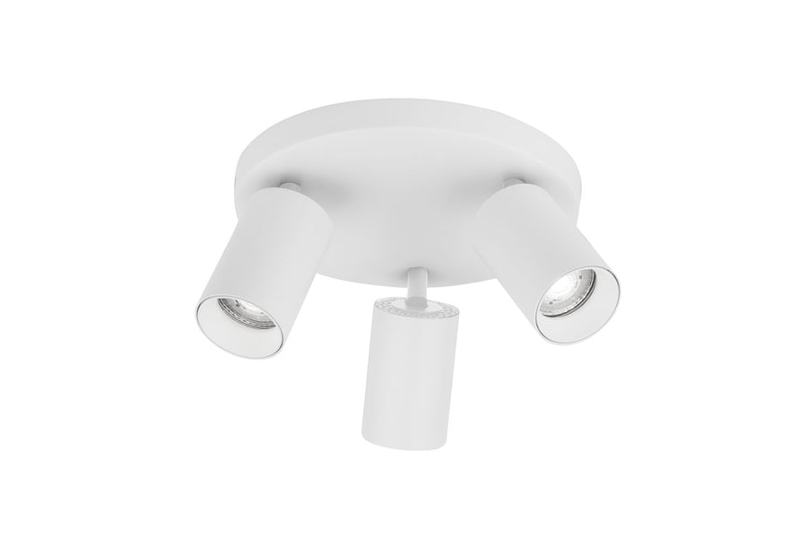Vue de face du plafonnier blanc et ses trois cylindres orientables
