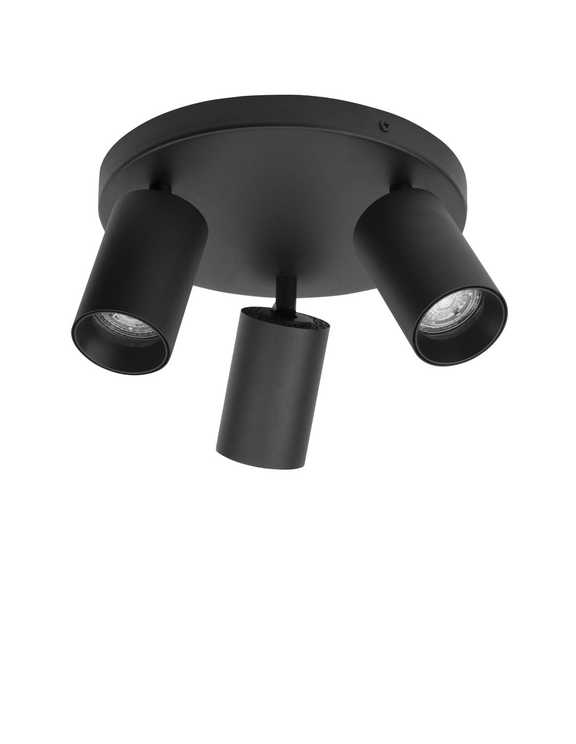 Vue de face du luminaire noir à trois projecteurs cylindriques orientables sur fond blanc