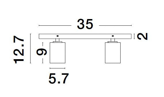 Schéma de dimensions du plafonnier : largeur 35, hauteur 12,7, diamètre 5,7 cm