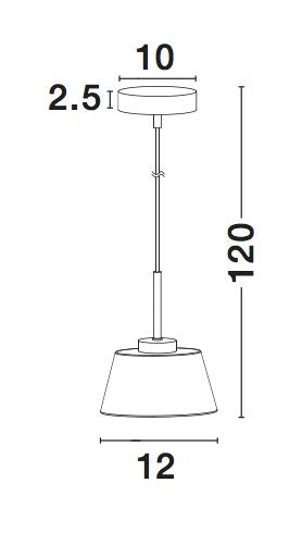 Schéma coté de la suspension : rosace 10 cm, hauteur 120 cm, abat-jour 12 cm